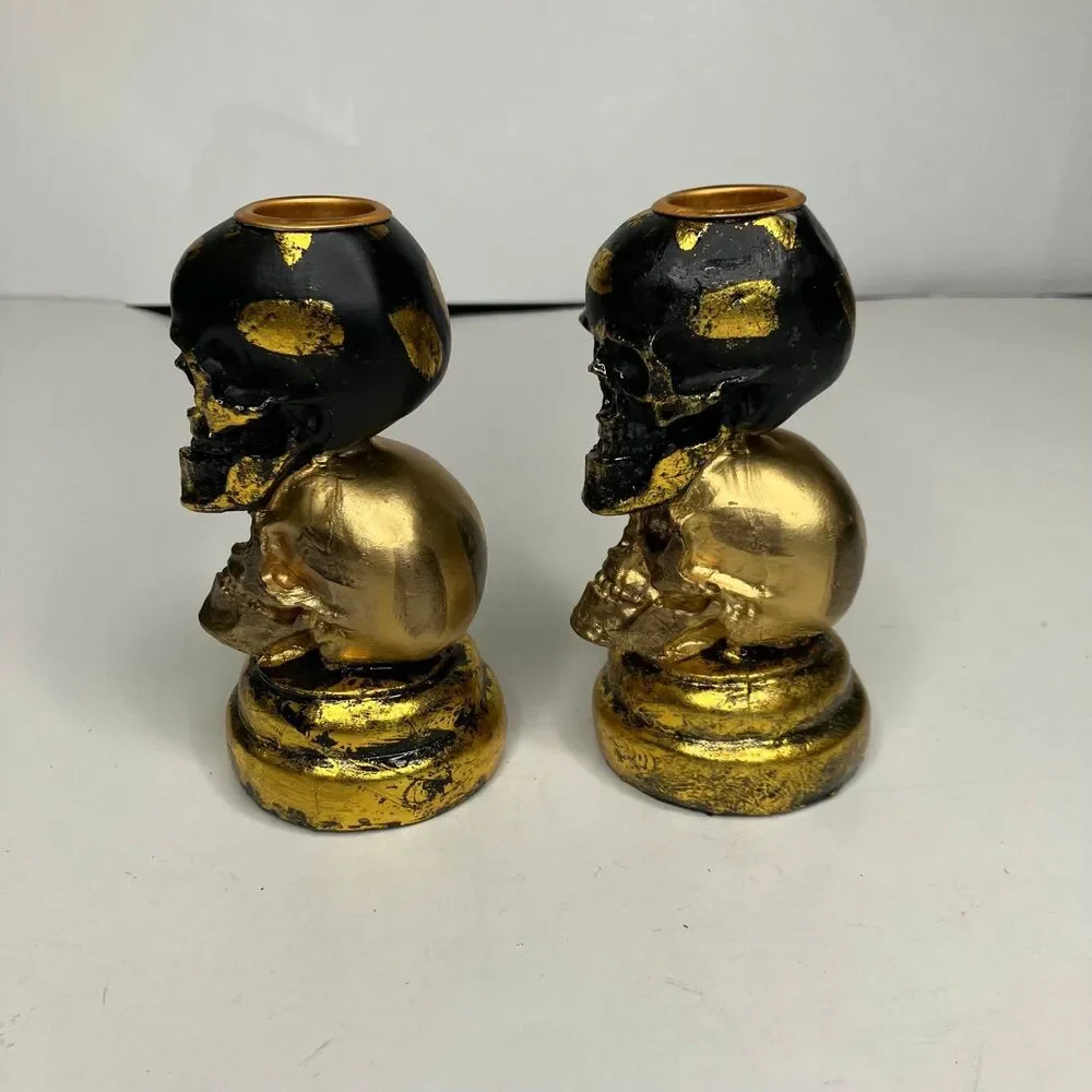 2 Skeleton Halloween Gold Resin Candle Stick Holders 5”